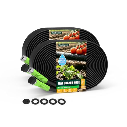 Flat Soaker Hose 100FT for Garden 2Pack 50FT Upgrade Drip Irrigation Hose with Anodized Metal Ends and Heavy Duty Double-Layer Leakproof & Flexible Water Saving 80% Hose for Lawn Beds Vegetable