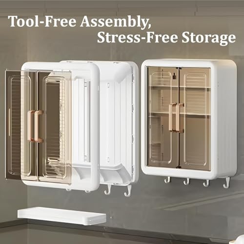 Image of Bathroom Organiser Without Drill Plastic Wall Mounted Storage Cabinet for Kitchen and Bathroom Organizer with Magic Stickers Adjustable Shelves & Door| Organiser for, Essentials, Makeup(1pc)