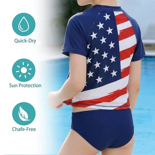 Image of Girls Two Piece Swimsuits Short Sleeve Rash Guard Swim Shirt Bikini Bottom Swim Set Bathing Swim Set Swimwear 3-16 Years