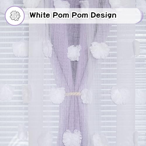 Image of MYSKY HOME Light Blocking Lilac Curtains White Sheer Pom Pom Kids Room Decor Drapes for Living Room 95 Inches Long Double Layer Curtains for Sliding Door Grommet Window Panels Set of 2 52 inch x 95 inch