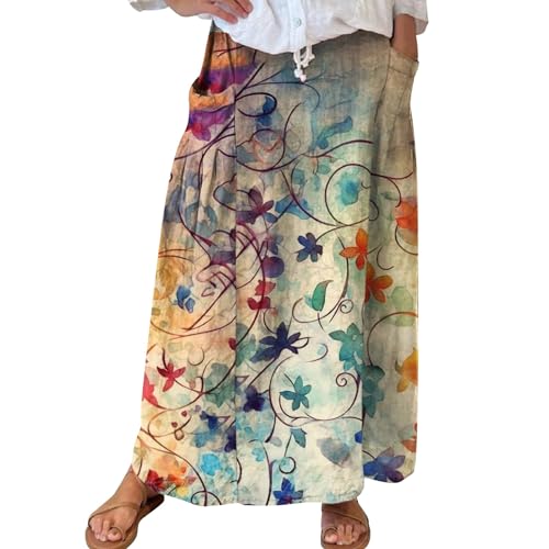 Women's Linen Skirt Long Maxi Skirt Cotton Linen Summer Skirt Lightweight Casual Skirt Vintage Knee-Length Skirt Elegant Boho Skirt Flowers A Line Beach Skirt with Pockets Wrap Skirt High Waist