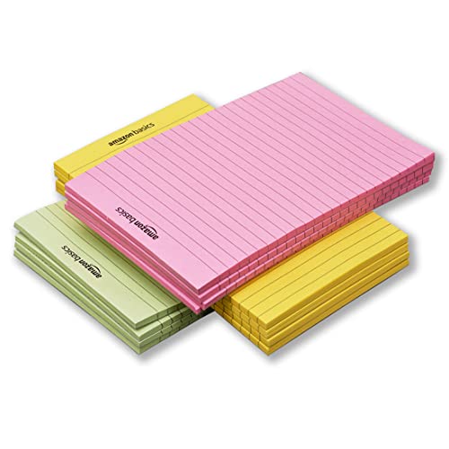 Image of AmazonBasics Wide Ruled 5x 8 - Inch 50-Sheet Lined Writing Note Pad, Pink | Yellow | Green - Pack of 12