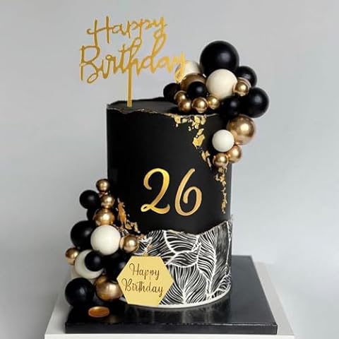 48Pcs Balls Cake Toppers Man Cake Decorations with Black Gold White Balls Acrylic Numbers 0-9 and Happy Birthday Cake Insert Toppers for Men Boy Black Theme Birthday Wedding Anniversary Party Supplies Cover
