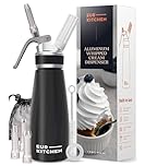 EurKitchen Professional Whipped Cream Dispenser w/Leak-Free Reinforced Aluminum Threads for Max Durability and Safety - 1-Pint Cream Whipper Matte Black, Brushed Aluminum