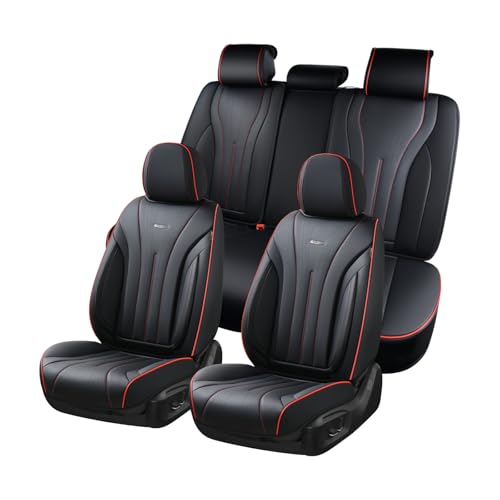 Image of Coverado Car Seat Covers Full Set, Leather Seat Covers for Car, Waterproof Seat Covers, Automotive Seat Cushions, Breathable Car Seat Protector Universal for Most Sedans, Trucks, SUV (Black &Red Line)