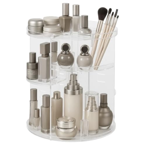 Globly Organizador de maquillaje giratorio a 360 ° ajustable transparente | Porta maquillaje con 4 estantes redondos para perfumes, cremas, maquillaje y pinceles