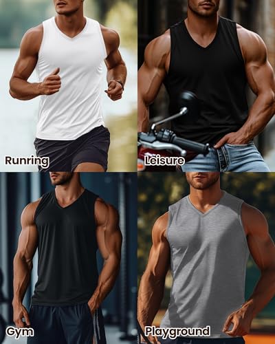 Ficerd 3 Pack Men's Big and Tall Workout Tank Tops, Cotton V Neck Sleeveless Gym Muscle T-Shirts Athletic Tee Summer Vest Top4