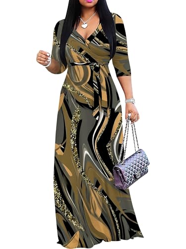 Image of PinkPatty Women's Plus Size Maxi Dresses Casual Flowy 3 /4 Sleeves Dress Printed Vacation Dress for Daily Wear with Belt