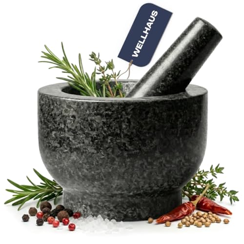 Wellhaus Mortier avec pilon – Granit XXL pierre naturelle – Grand broyeur à épices pour herbes, noix, ail, récipient en pierre massif, modèle lourd, accessoires de cuisine (noir)
