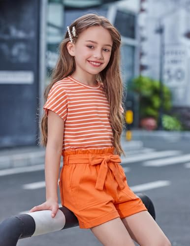 Image of Arshiner Girls 2 Piece Outfit Summer Drop Shoulder Batwing Sleeve Tops and Paperbag Waist Shorts Set Cute Clothing Size 6-14