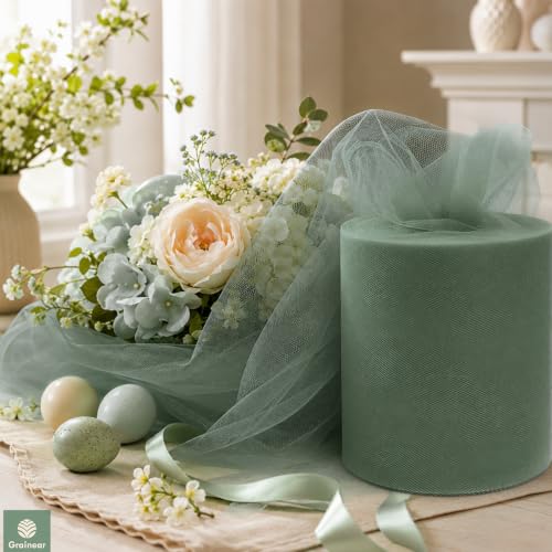 Image of Moss Green Tulle Fabric Roll 6 Inch x 100 Yards Tulle Ribbon