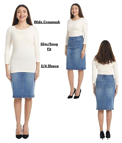 Image of ESTEEZ Women's 3 /4 Sleeve Wide Neck Layering T-Shirt - Modest Cotton Stretch Fitted Base Layer Top