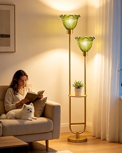 Image of 2-Lights Modern Glass Floor Lamp with Shelf Gold Floor Lamp with Green Glass Shade, Mid Century Standing Tall Lamps with Foot Switch for Living Room Bedroom Home Decor (Bulbs Included)