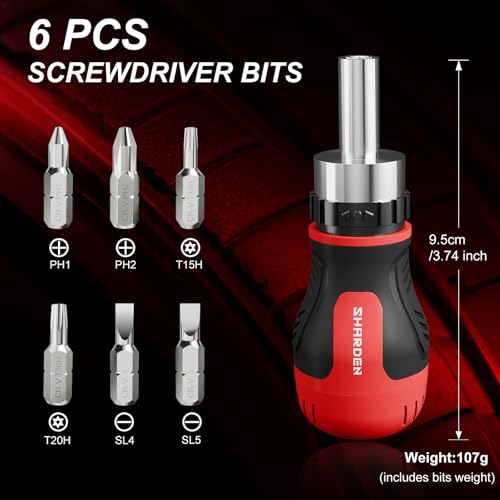 Image of SHARDEN 8 in 1 Stubby Ratcheting Screwdriver Multi Short Screw Driver Set with 6 CRV Bits Phillips, Slotted, Torx, Portable All-in-One Repair Tool Kit for Home DIY Tables, Doors, Chairs