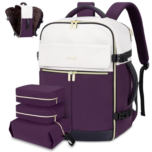 LOVEVOOK Travel Backpack, Carry On Backpack for Women, 40L Flight Approved Personal Item Backpack, Large Water Resistant Luggage Daypack with 3 Packing Cubes, fits 17inch Laptop, Beige-Purple-Black
