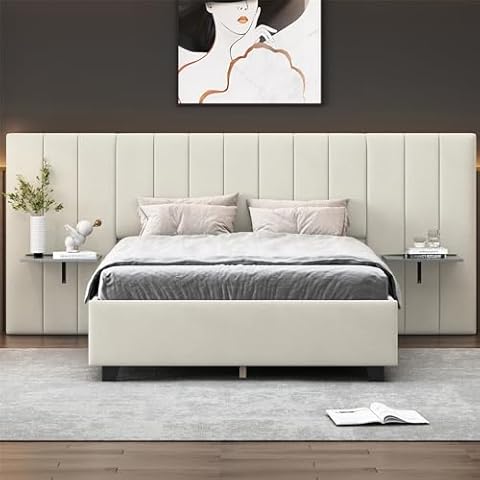 fcfeue Luxurious Full Bed Frame, Platform Bed with Oversized Upholstered Headboard and 2 Storage Shelves, No Box Spring Required, Comfortable Bedroom Furniture.Beige Cover