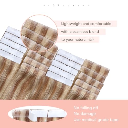 Image of Sindra Invisi Edge Tape in Hair Extensions Human Hair | 20Inch 55g 20pcs, Golden Brown Mixed Light Blonde, Invisible Injected Tape Ins, Soft Natural, Seamless Blend