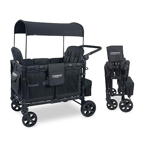 WONDERFOLD W4 Elite Quad Stroller Wagon Featuring 4 Face-to-Face Seats with 5-Point Harnesses, Adjustable Push Handle, and Removable UV-Protection Canopy, Volcanic Black