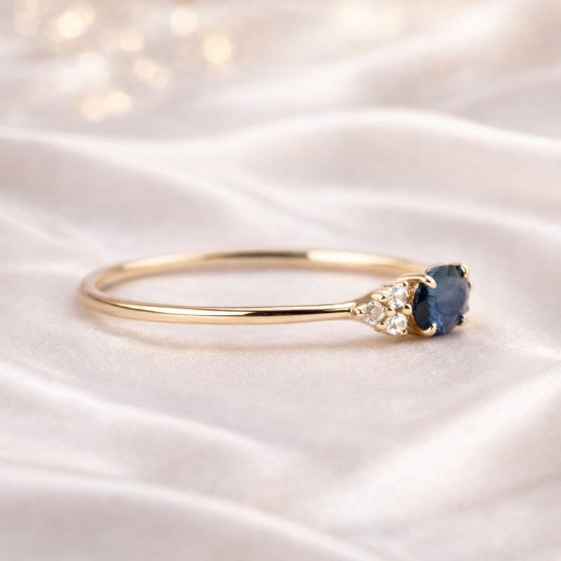 Oval Cut Blue Sapphire Ring for Women Minimal Gold Band with Diamond 14K Yellow Gold Handmade Promise Engagement Ring September Birthstone Gift For Wife