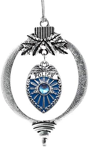 Inspired Silver - Blue Police Badge Charm Ornament - Silver Customized Charm Holiday Ornaments with Cubic Zirconia Jewelry