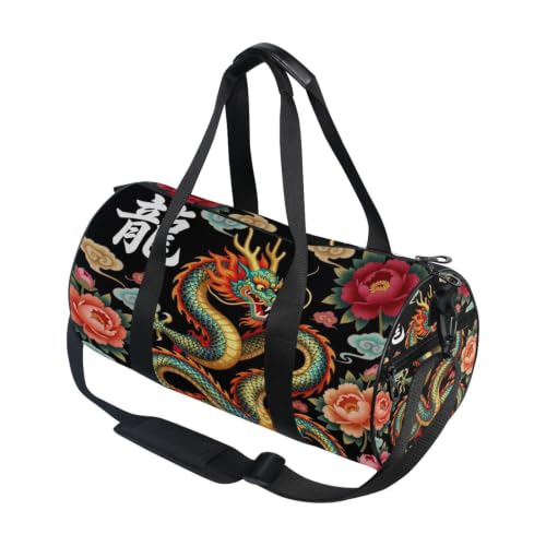 Bolsa de viaje y deporte redonda de lona con estampado de dragón 2024