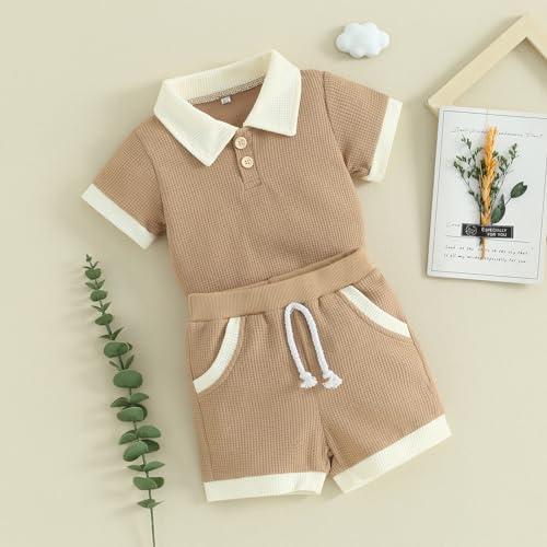 Kuriozud Newborn Baby Boy Summer Clothes Button Short Sleeve Romper Bodysuit Shorts Set Toddler Soft Waffle Outfit3