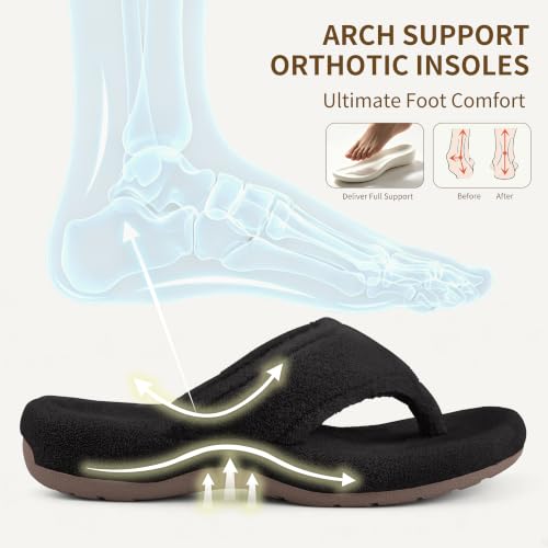 Image of BCSTUDIO Women's Orthopedic Flip Flop Fuzzy Slippers with Arch Support | Plantar Fasciitis Spa Thong Orthotic Slippers for Women, Open Toe, Non-slip Sole, Machine Washable, Indoor Outdoor