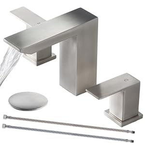 3 Hole Brushed Nickel Bathroom Faucet,8 inch Modern Vanity Widespread Faucet for Bathroom Sink,Waterfall Bathroom Sink Faucet with Pop-up Drain and Supply Hoses