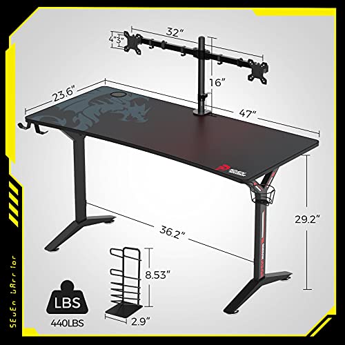 Seven Warrior Gaming Desk 47Inch With Dual Monitor Mount, Carbon Fiber Surface Gamer Desk With Full Desk Mouse Pad, Ergonomic Y Shaped Gamer Table With Outlet Organizer, Gaming Rack #TOP5