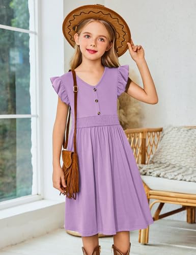 Arshiner Girls Dresses Ruffle Sleeve A-Line V-Neck Sundress Summer Swing Midi Dress with Pockets4