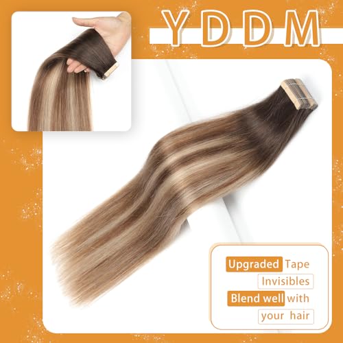 Image of YDDM Tape in Hair Extensions Human Hair 18 Inch 20pcs Seamless Invisible Tape in Hair Extensions for Women Balayage Brown to Dirty Blonde Straight 100% Remy Human(2 /6 /18K#, 18 Inch)