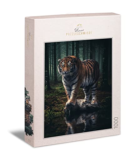 Ulmer Puzzleschmiede - 'Gobernante del Bosque Oscuro' - Majestuoso Tigre Siberiano en la Noche - Puzzle de 1000 Piezas para Adultos - Fabricado en Alemania