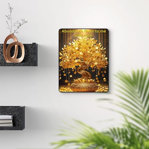 Image of SAF Abundance Flows to Me Golden Money Tree Wall Art | Sparkle Laminated Black Frame Painting for Wealth Attraction, Home Decor, Manifestation & Vastu Positive Energy (14 x 11 Inch) K-36112