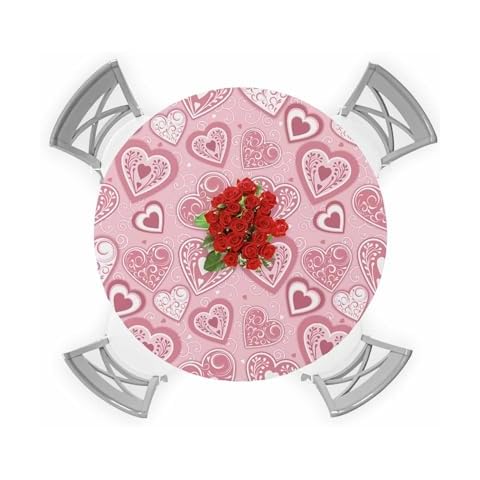 Chucoco Valentine's Round Table Covers with Elastic Sweet Love Hearts Fitted Tablecloth Wipable Table Cover Fits Up to 36-44In Tables, Table Cloth Protector for Outdoor/Indoor Use Pink White Cover