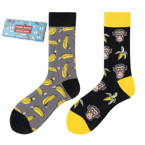 NxnChc Calcetines Divertidos Unisex para Mujer y Hombre con Diseños Asimétricos en Par - Temas Plátanos de Orangután Animales, Comida, Fruta, Deporte y Arte en Algodón - Ideal para Regalos