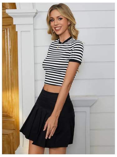 OYOANGLE Women's Striped Print Crew Neck Short Sleeve T Shirts Slim Fit Crop Tee Tops2