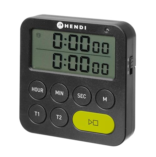 HENDI Küchentimer doppelt, digital, 2 unabhängige Zeiten, 3 Alarmeinstellungen, Stoppuhr, ausklappbarer Ständer, Aufhängeloch, magnetisch, LED-Beleuchtung, digitaler Timer, 82x20x(H)86mm, ABS