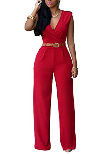HOTAPEI Women V Neck Belted Sleeveless Wide Leg Jumpsuit Small Red