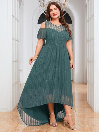 Image of ZOMVA Plus Size Sparkly Mesh Maxi Dress Cold Shoulder Ruffle Sleeve High Low A Line Dresses Wedding Guest Cocktail Party