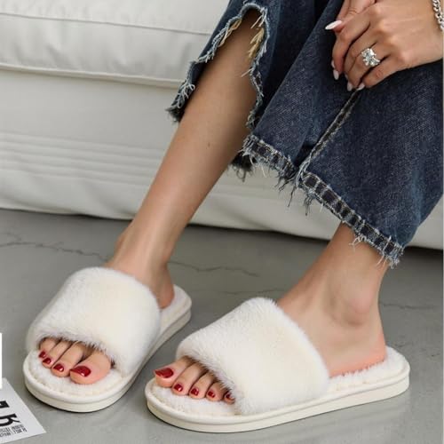 Womens Fuzzy Open Toe House Slippers Indoor Cotton Bedroom Slippers Slides for Women, Cozy Soft Fluffy Slides3