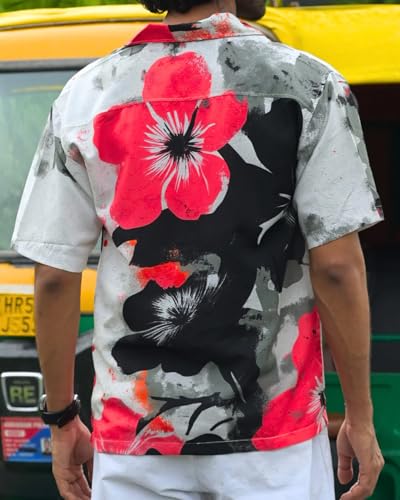 Image of Men's Floral Button-Down Shirt, Cotton Blend Stretchable, Casual Printed Striped Stylish Shirt