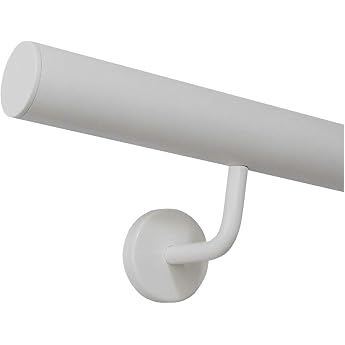 TIBU Handrail Stainless Steel White Powder Coated 42.4 mm Railing Indoor Outdoor Weatherproof Length 220 cm with 3 Holder Ends Straight Cap
