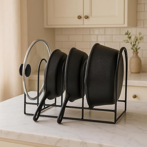 Image of Heavy Duty Dish Rack Organizer - 5 Tier Slot Cookware Holder, Space-Saving Black Iron Stand for Countertop, 10.5 inch L x 7.5 inch W x 12 inch H