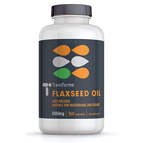 Flaxseed Oil Capsules Vegan Omega 3 6 9, 2000mg Serving, ALA, LA and Oleic Acid, 360 1000mg Softgels, Vegetarian Cold Pressed Flaxseed Oil, UK Made, by Transforme