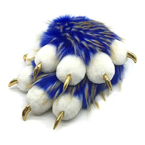 Furryvalley Fursuit Pfoten Handschuhe Kostüm Pelzigen Teilweise Cosplay Flauschige Löwe Bär Requisiten für Kinder Erwachsene (Blau) Cover
