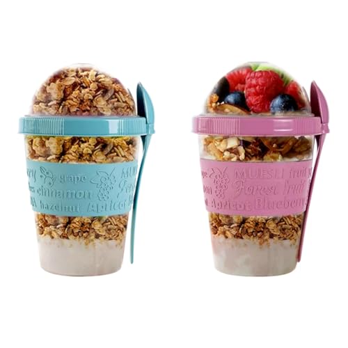 Seveston Yogurt Pots 2PCs Reusable 600ml overnight oats jar with lid & Spoon On The Go Breakfast Cereal Storage Containers snack pots Oatmeal Jars Set of 2 (Turquoise, Pink)