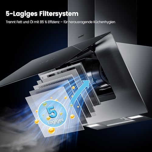 COMFEE’ A++ Dunstabzugshaube 90 cm, 800m³/h Luftstrom, Kopffrei Wandhaube Umluft und Abluft, Touchscreen, Gestensteuerung, 4 Geschwindigkeiten, 68dB, LED, ANGJ72B-90PRO-EU