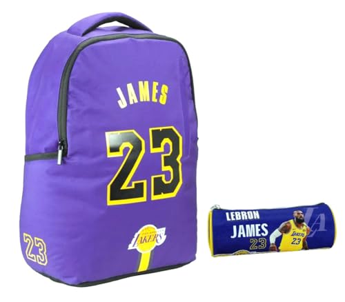 PRESTIGE & DELUXE Mochila compatible con NBA Lebron James 23 Lakers 34 Dim: 43 cm x 30 cm x 17 cm, respaldo y correas acolchadas para la escuela y el tiempo libre + Estuche tombolin cremallera