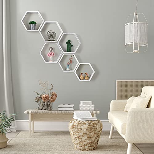 Sehertiwy Hexagonal Floating Shelves Wall Mounted Set Of 6 Wood Farmhouse Storage Honeycomb Wall Shelf For Bathroom, Kitchen, Bedroom, Living Room, Office,Driftwood Finish (Rustic White) #TOP1
