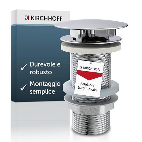 KIRCHHOFF Rubinetto per lavandino senza troppopieno, valvola di scarico pop up, valvola di scarico senza troppopieno, scarico lavabo e lavandino, cromato 98807310